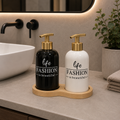 2-Piece Ceramic Soap Dispenser Set with Wooden Tray – Fashion Collection