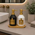 2-Piece Ceramic Soap Dispenser Set with Bamboo Tray – Gold Luxe Collection