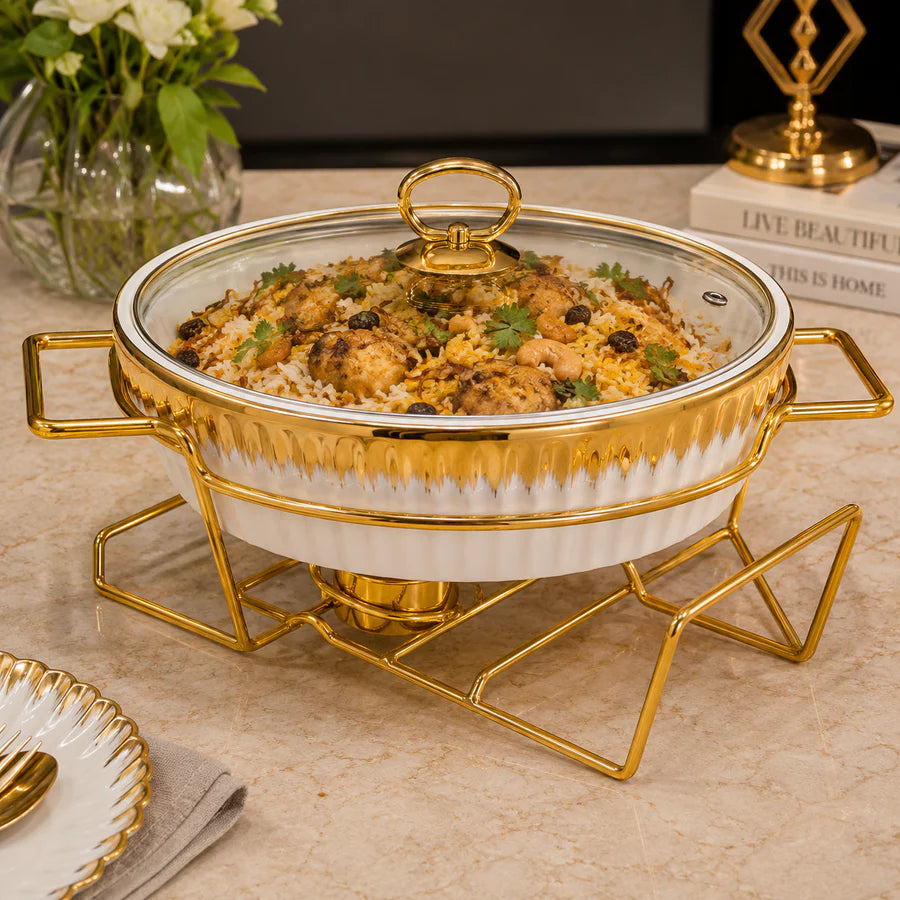 Brilliant Round Casserole with Glass Lid & Gold Stand