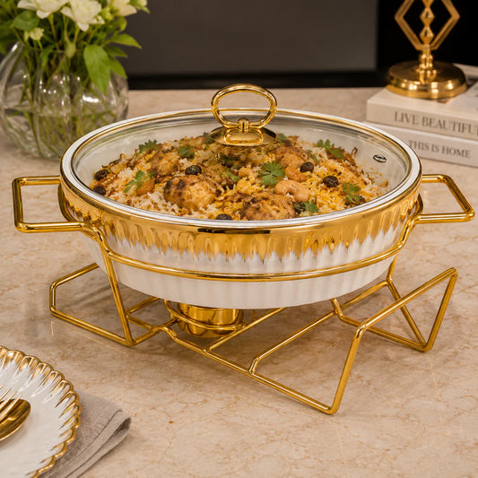 Brilliant Round Casserole with Glass Lid & Gold Stand