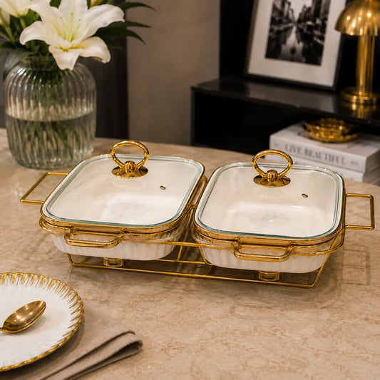 Brilliant Double Casserole Set with Stand & Glass Lids