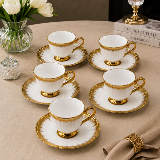 Brilliant Gold Rim Tea Cup & Saucer Set – 6 Pcs