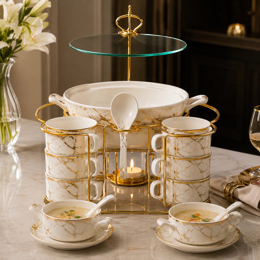 Brilliant Royal Marble Gold Soup Set with Candle Stand – 16 Pcs
