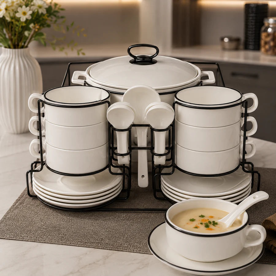 Brilliant Modern Classic Soup Set with Metal Stand – 16 Pcs