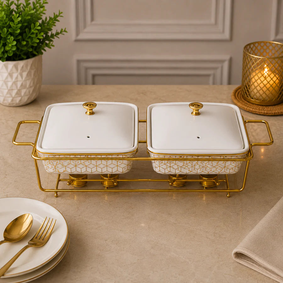 Brilliant Royal Duo 13" Twin Rectangular Ceramic Casserole Set with Metal Stand