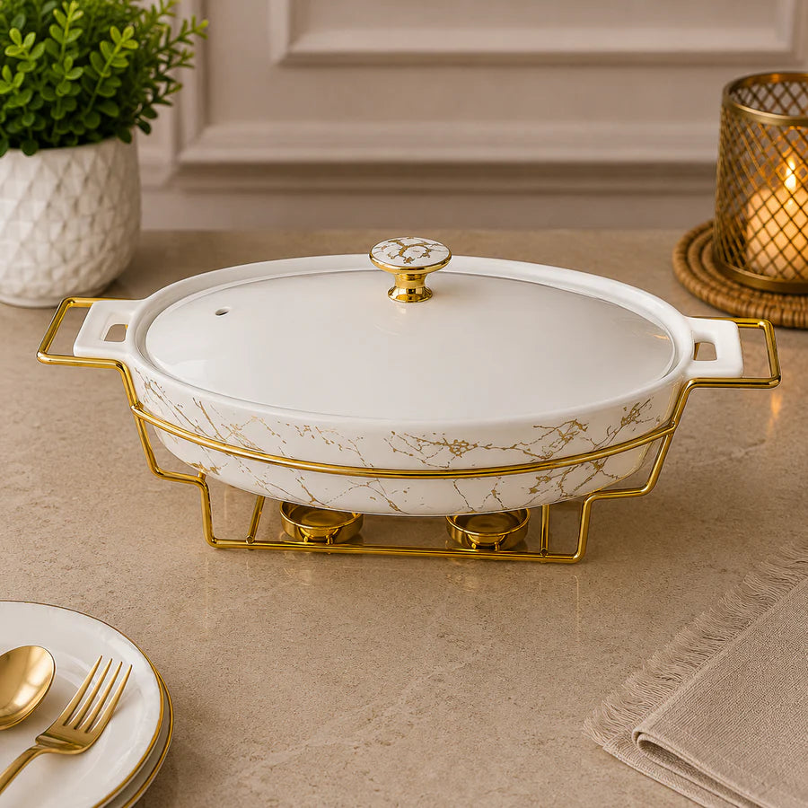 Brilliant Marble Grace 13.5" Oval Ceramic Casserole with Metal Candle Stand