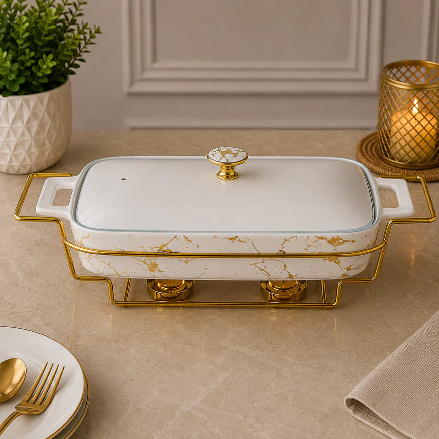 Brilliant Marble Elite 17" Rectangular Ceramic Casserole with Metal Candle Stand