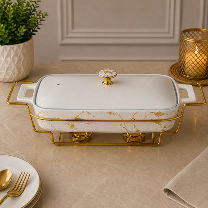 Brilliant Marble Elite 17" Rectangular Ceramic Casserole with Metal Candle Stand