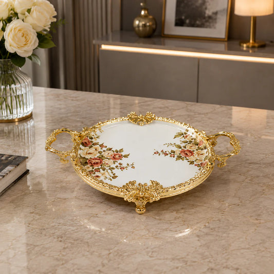 Brilliant Royal Floral Gold Round Flat Tray – 19x6cm
