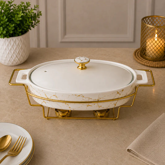 Brilliant Marble Royale 14.5" Oval Ceramic Casserole with Metal Candle Stand