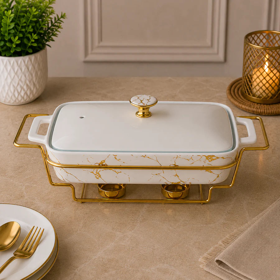 Brilliant Marble Prestige 14.5" Rectangular Ceramic Casserole with Metal Candle Stand