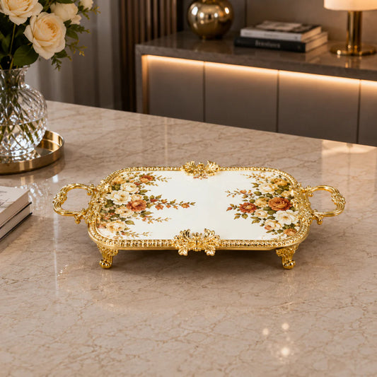 Brilliant Royal Blossom Gold Rectangular Flat Tray – 25.5x18x6cm