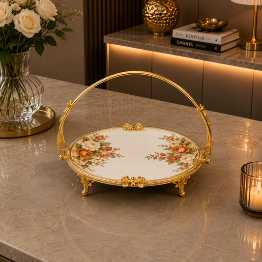 Brilliant Royal Blossom Gold Round Flat Basket Tray – 24x36x28cm