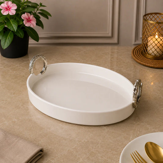 Brilliant Silver Grace 12.5" Oval Ceramic Plate with Ceramic Handles