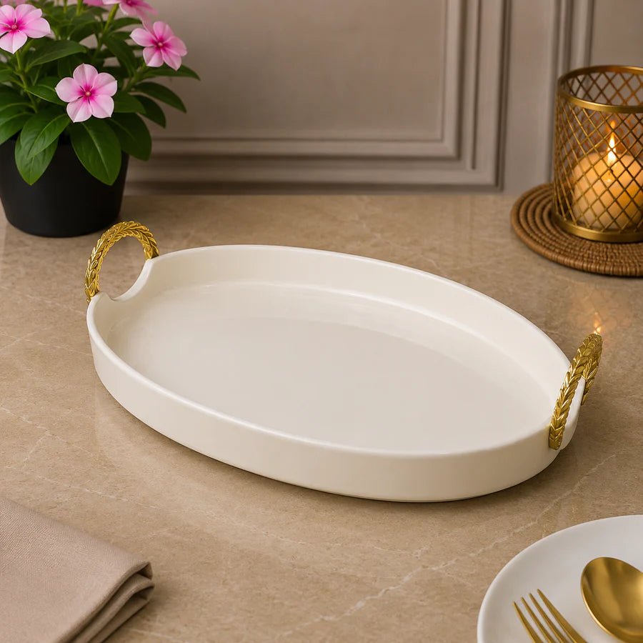 Brilliant Golden Oval Luxe 12.5" Ceramic Plate with Ceramic Handles