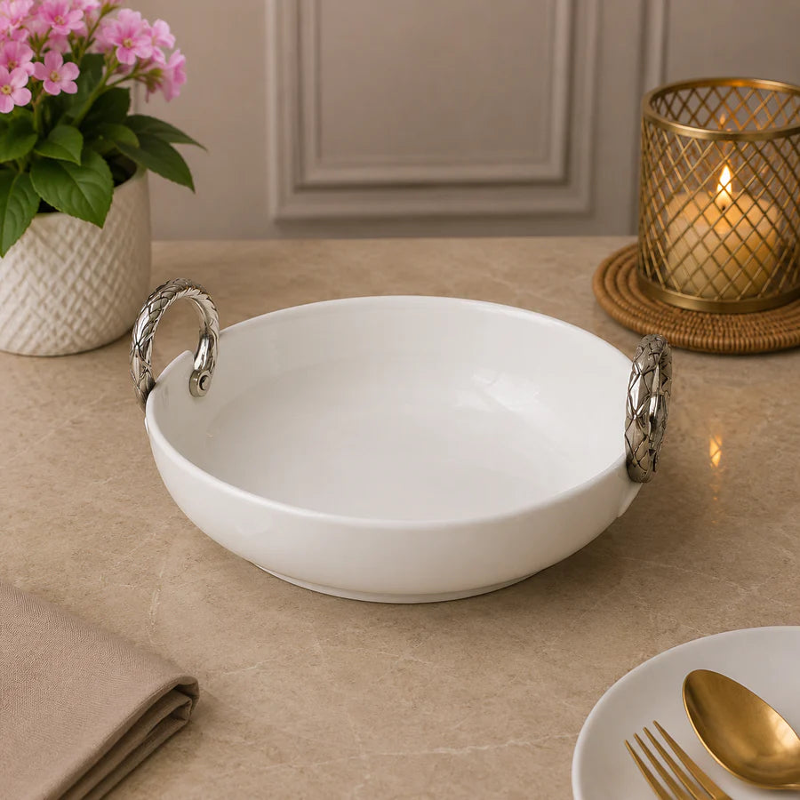 Brilliant Silver Essence 10.25" Oval Ceramic Bowl with Ceramic Handles