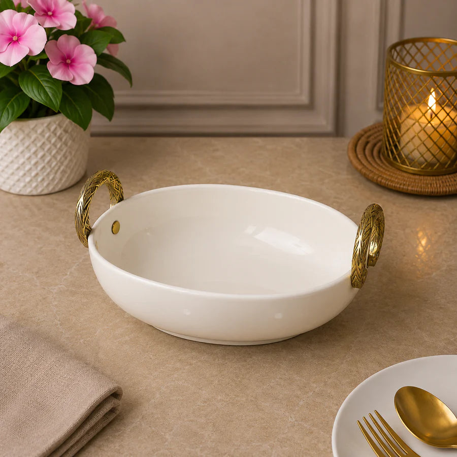 Brilliant Golden Harmony 10.25" Oval Ceramic Bowl with Ceramic Handles