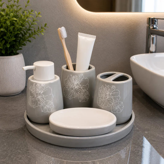 Brilliant Luxury Gray Floral Bathroom Tray Set