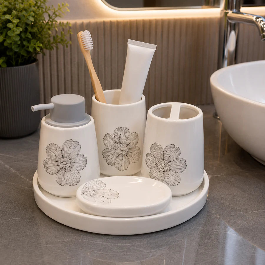 Brilliant Luxury White Floral Bathroom Tray Set
