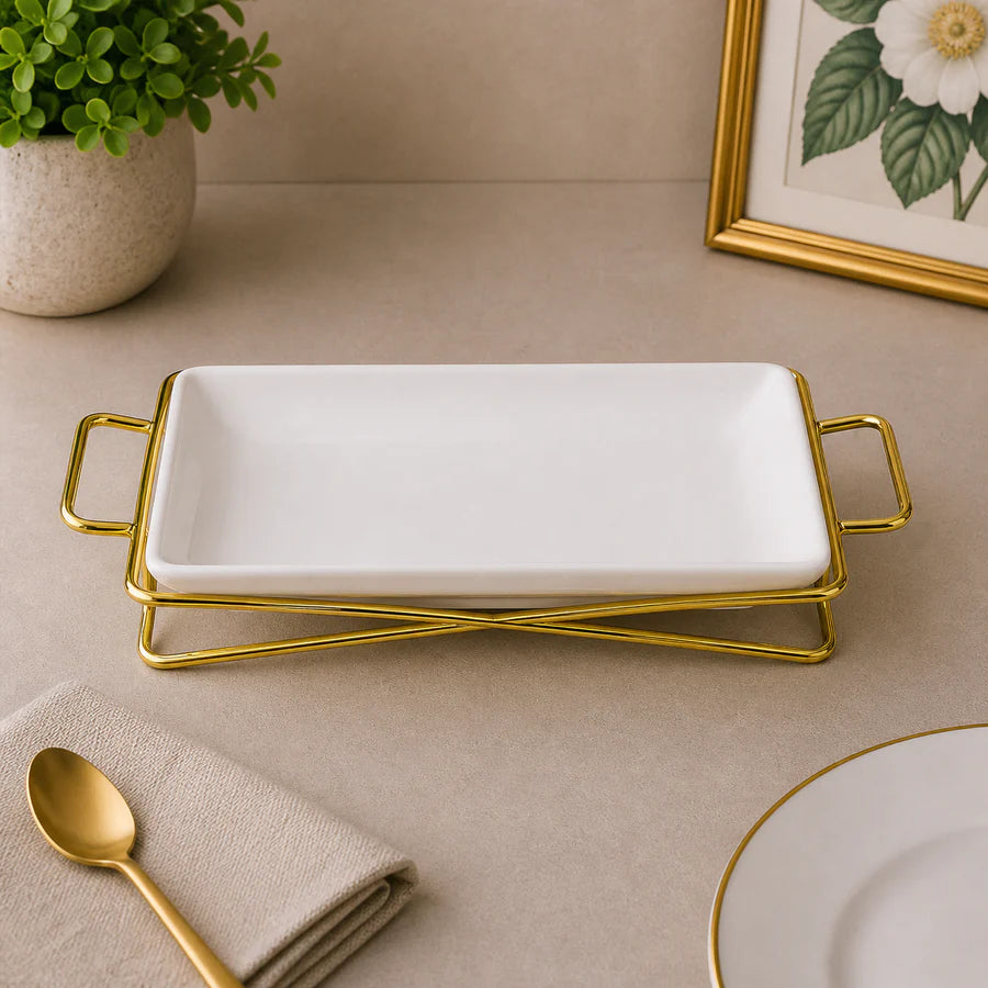 Brilliant 10-Inch Rectangular Ceramic Serving Plate with Gold Metal Stand