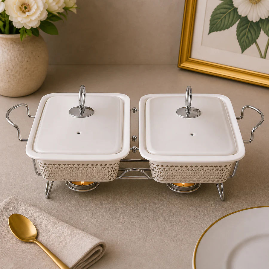Brilliant 10-Inch Twin Rectangular Ceramic Chafing Dish with Metal Candle Stand