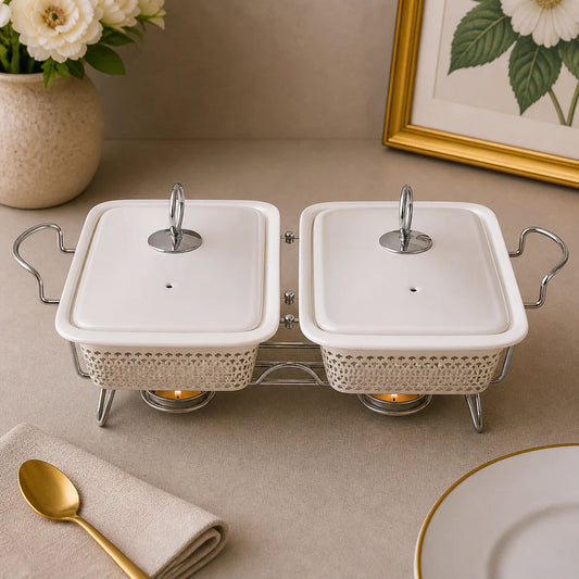Brilliant 10-Inch Twin Rectangular Ceramic Chafing Dish with Metal Candle Stand