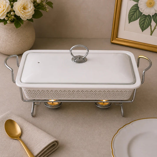 Brilliant 16.5-Inch Twin Rectangular Ceramic Chafing Dish with Metal Candle Stand