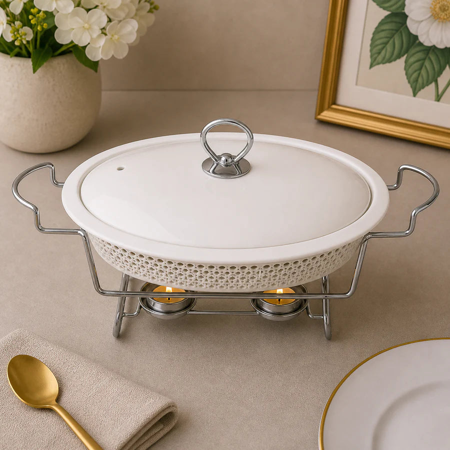 Brilliant 16-Inch Oval Ceramic Chafing Dish with Metal Candle Stand