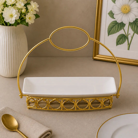Brilliant 11-Inch Rectangular Ceramic Serving Dish with Designer Gold Metal Stand