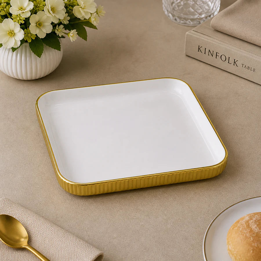 Brilliant 8-Inch Square Ceramic Serving Plate with Gold Metal Finish