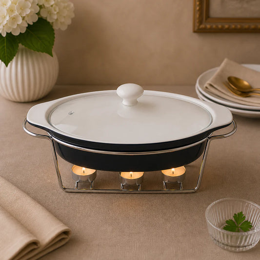 Brilliant 13-Inch Oval Ceramic Chafing Dish with Glass Lid & Metal Candle Stand