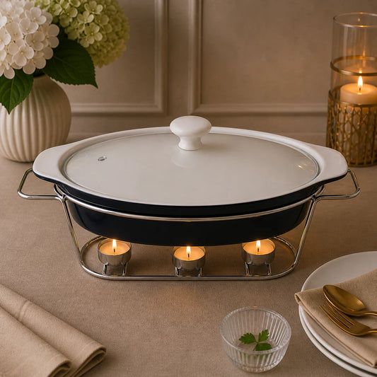 Brilliant 15-Inch Oval Ceramic Chafing Dish with Glass Lid & Metal Candle Stand