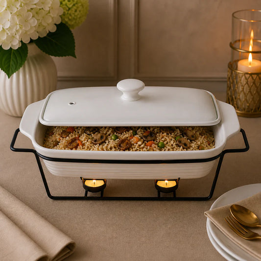 Brilliant Rectangular Ceramic Burner Dish with Metal Stand