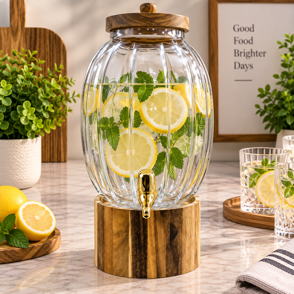 Premium Ribbed Glass Beverage Dispenser with Wooden Stand