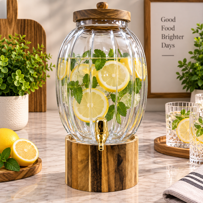 Premium Ribbed Glass Beverage Dispenser with Wooden Stand