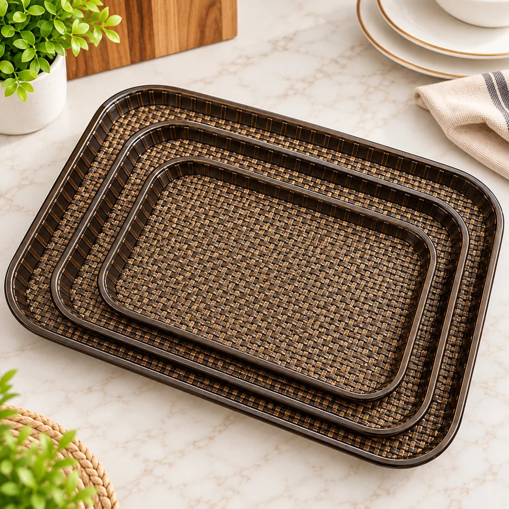 3 Pcs Premium Woven Rattan Style Serving Tray Set – Brown