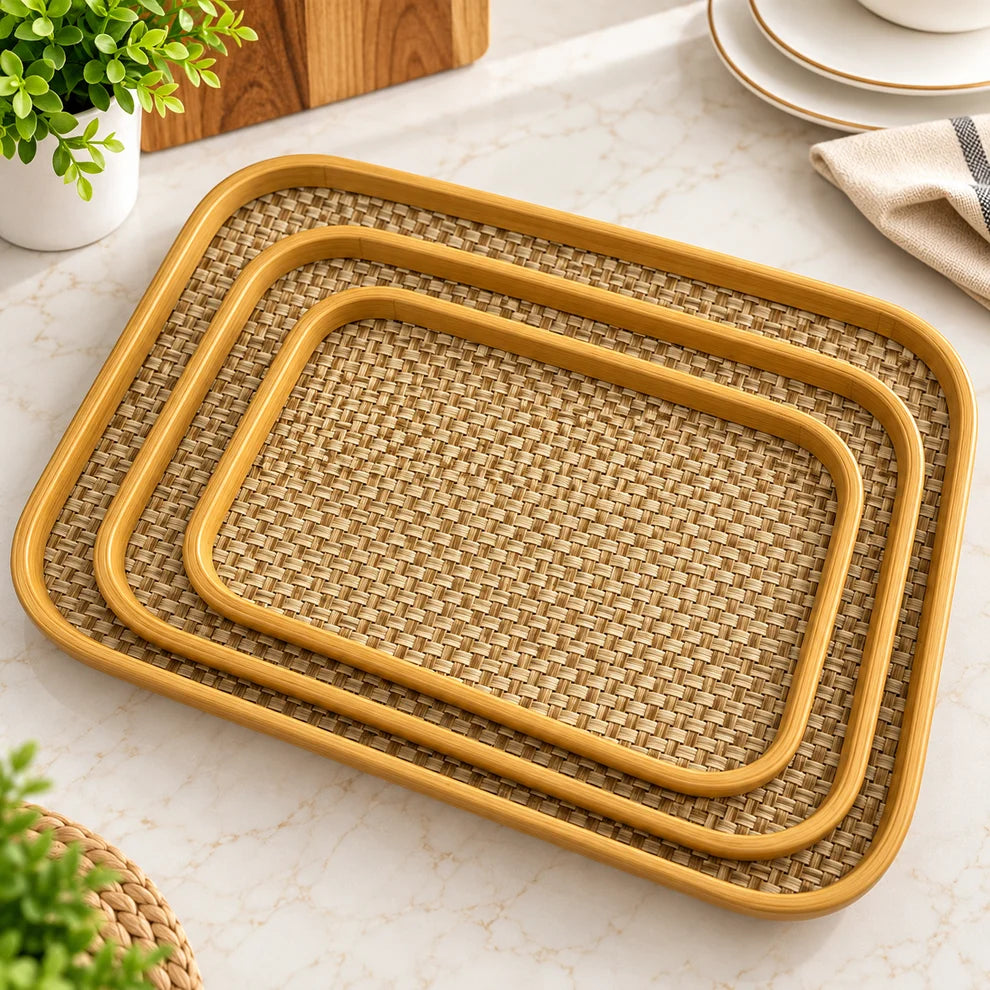 3 Pcs Woven Rattan Style Serving Tray Set – Natural Brown