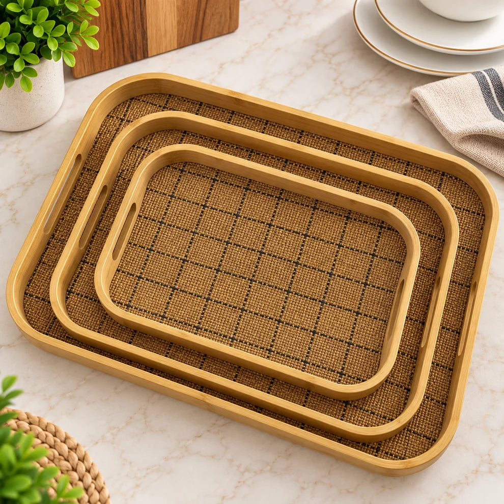 3Pcs Bamboo Woven Serving Tray Set – Natural Brown