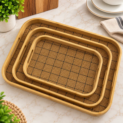 3Pcs Bamboo Woven Serving Tray Set – Natural Brown