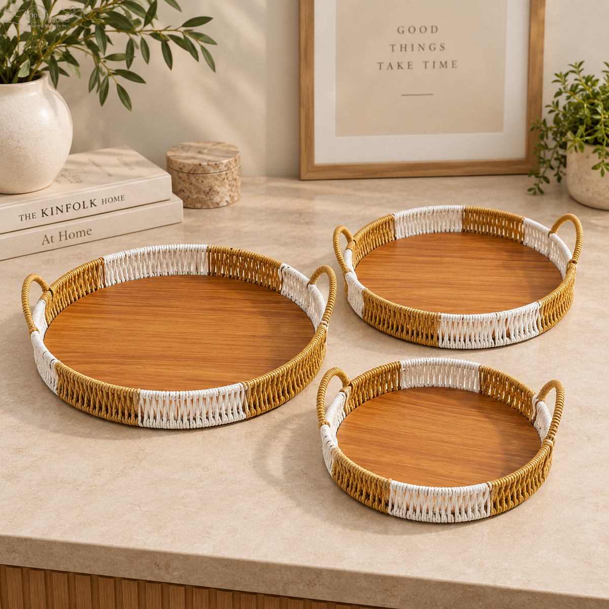 3-Piece Woven Serving Tray Set - Round