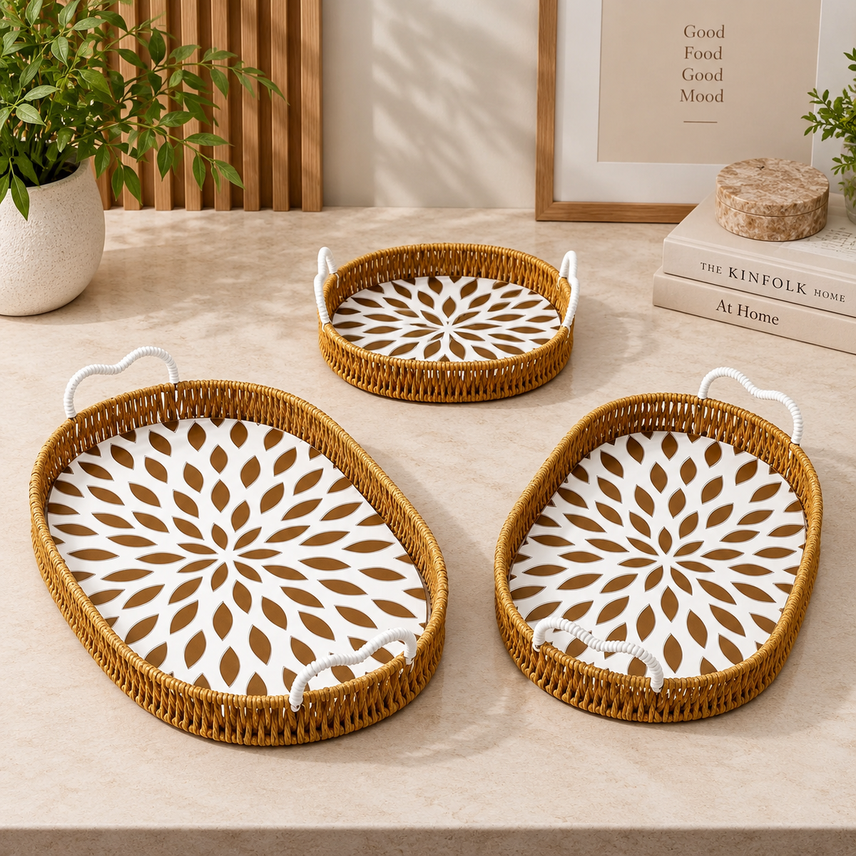 3-Piece Woven Serving Tray Set with Floral Pattern - Oval