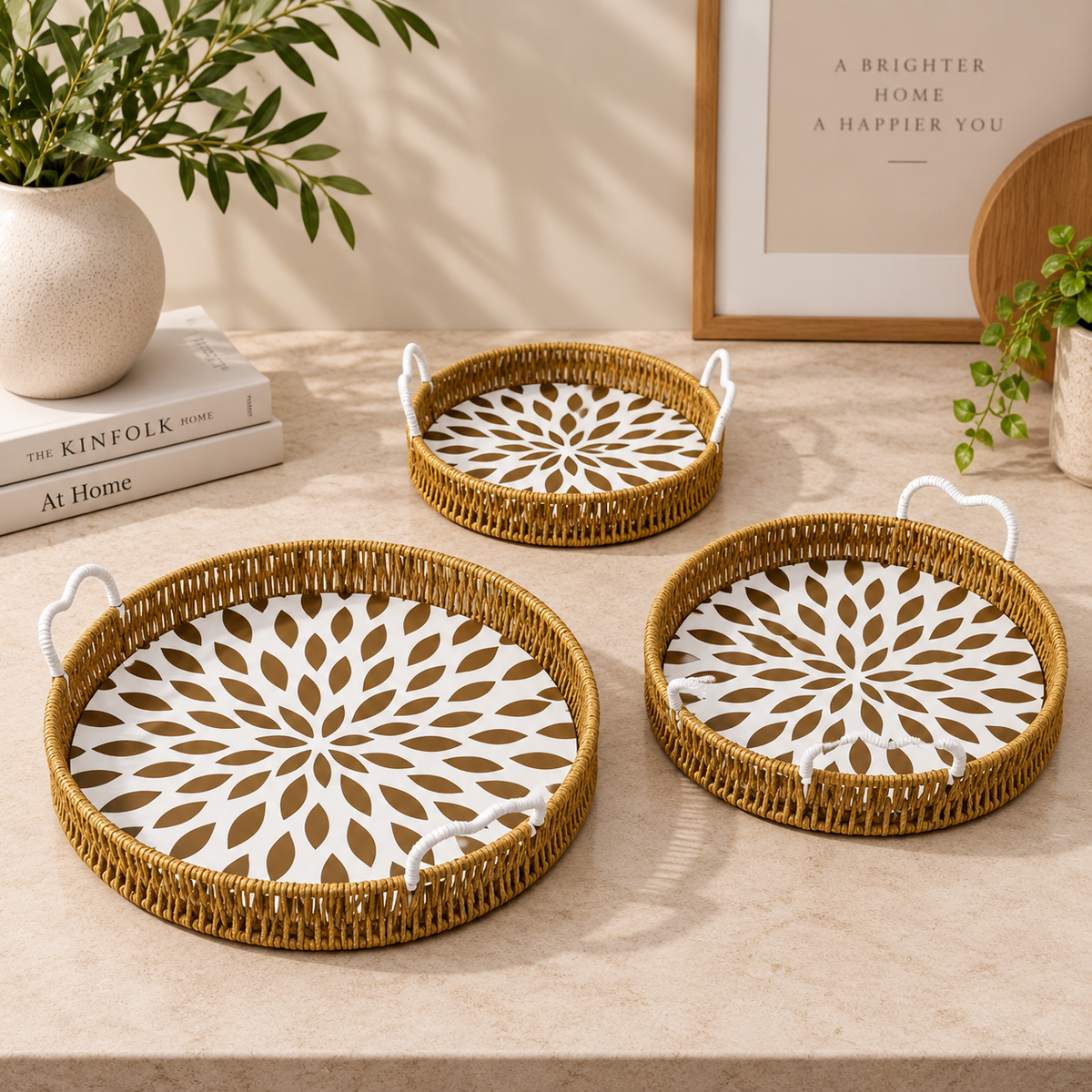 3-Piece Woven Serving Tray Set with Floral Pattern - Round