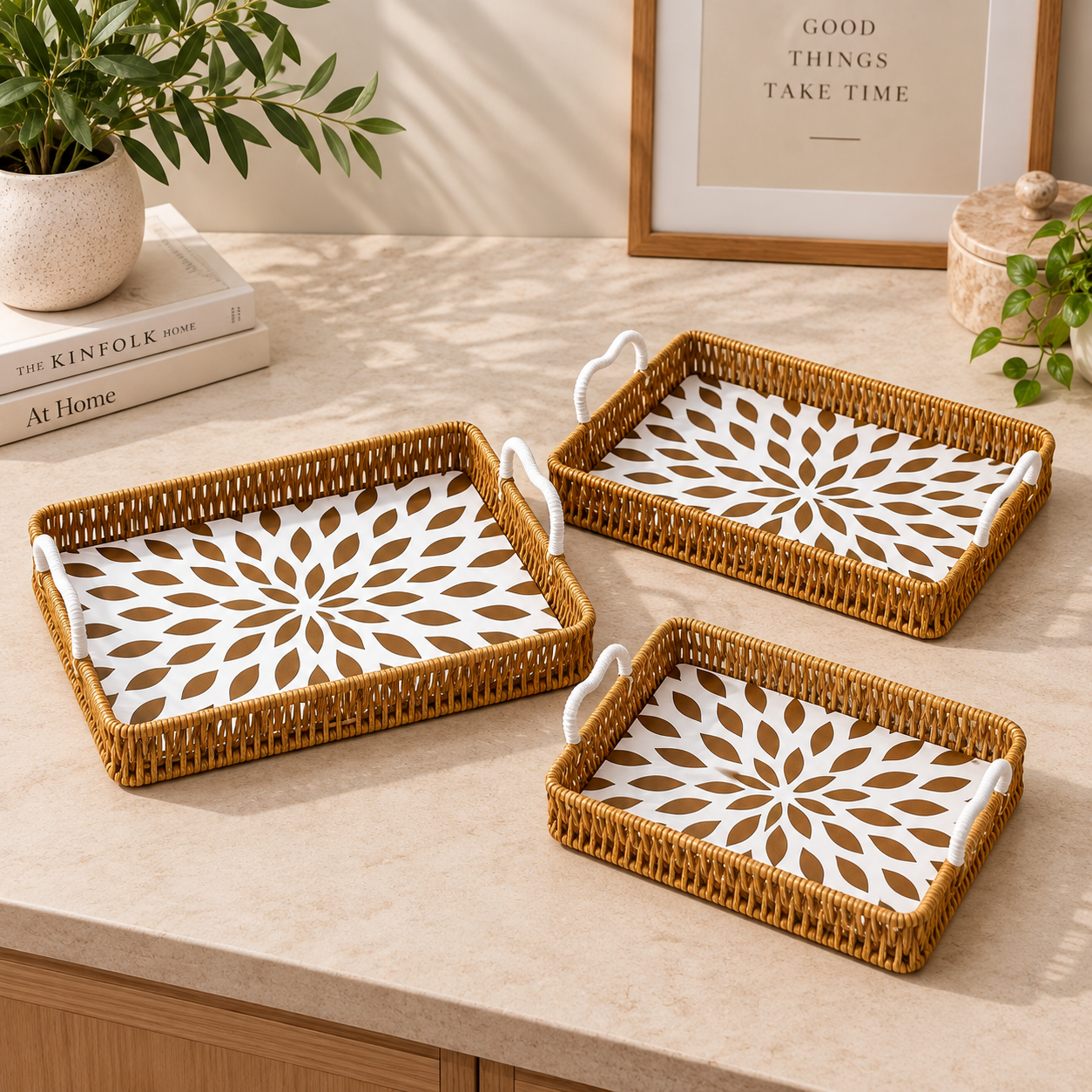 3-Piece Woven Serving Tray Set with Floral Pattern - Square