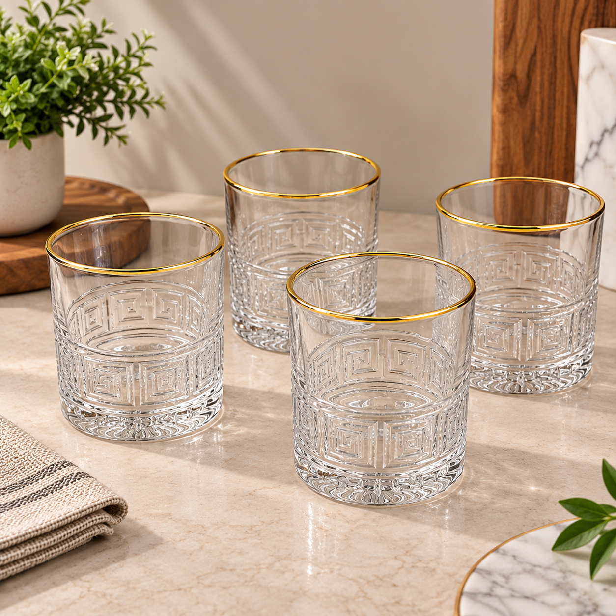 Luxury Greek Key Gold Rim Glass Tumbler Set – 4 Pcs