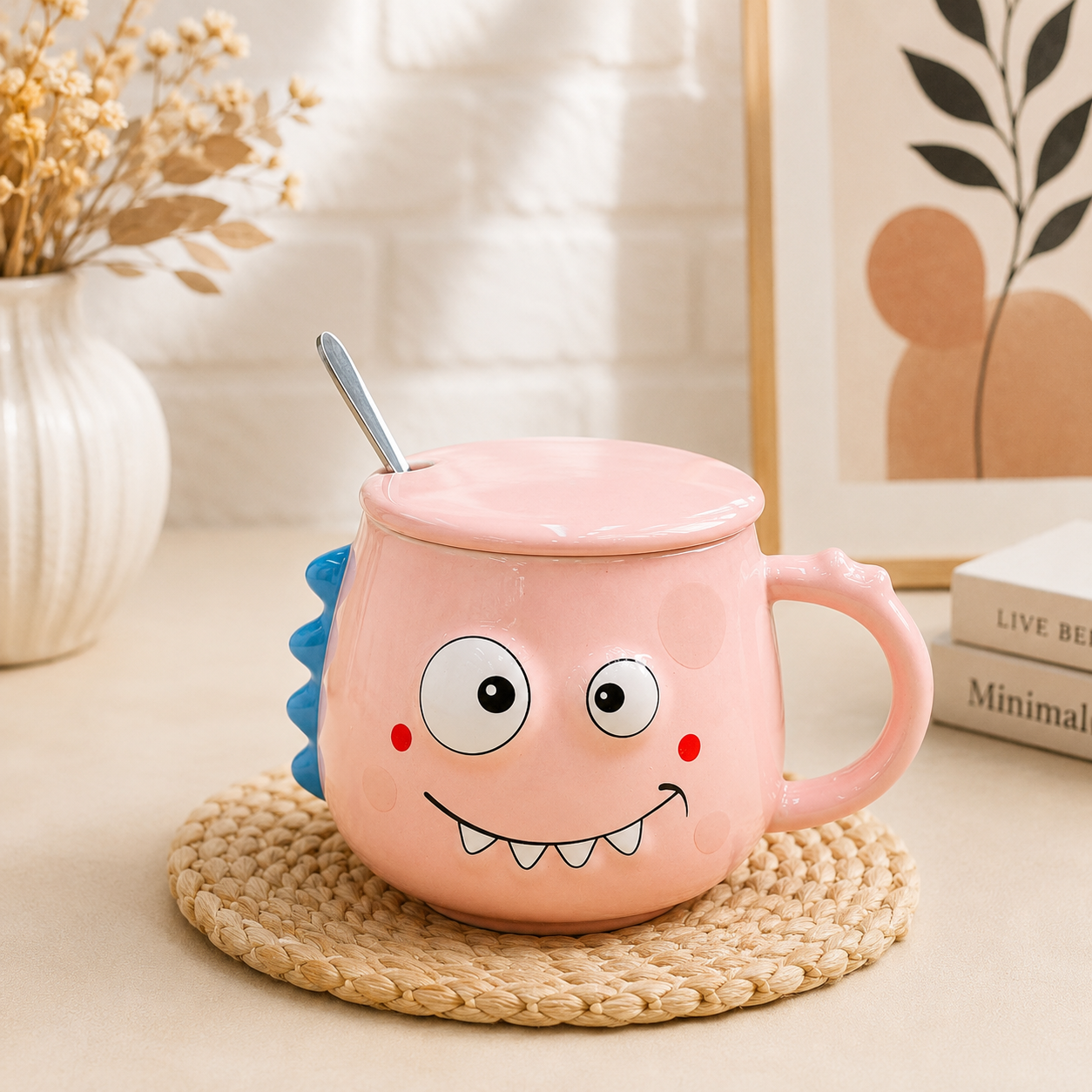 Cute Monster Ceramic Mug with Lid & Spoon