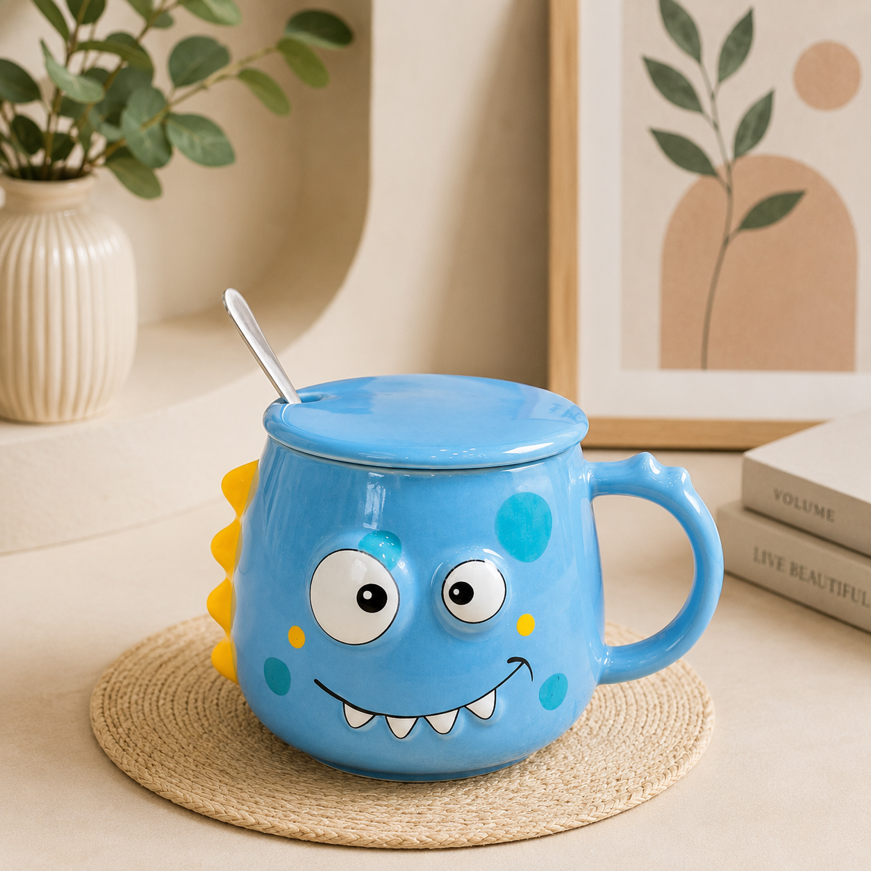 Cute Monster Ceramic Mug with Lid & Spoon