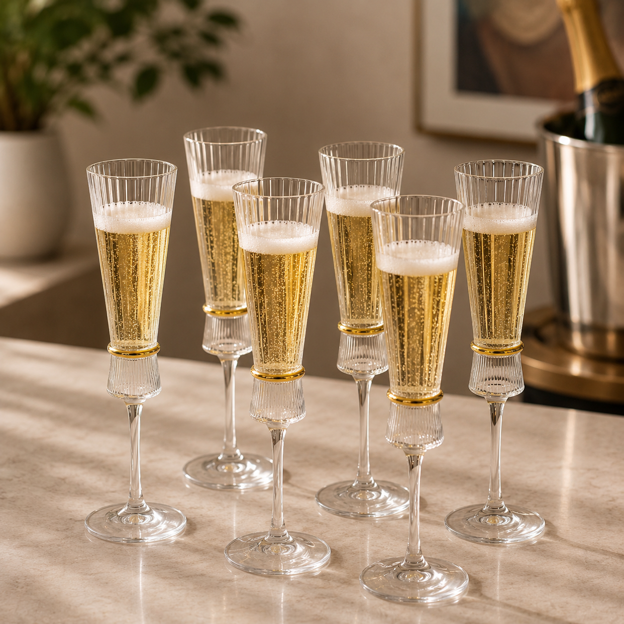 Crystal Golden Champagne Flutes - Set Of 6