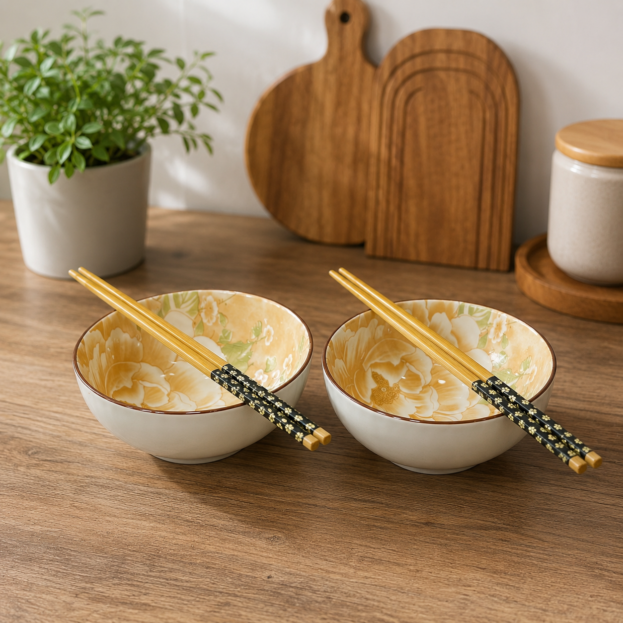 Japanese Floral Elegance Ceramic Bowls - Set of 2