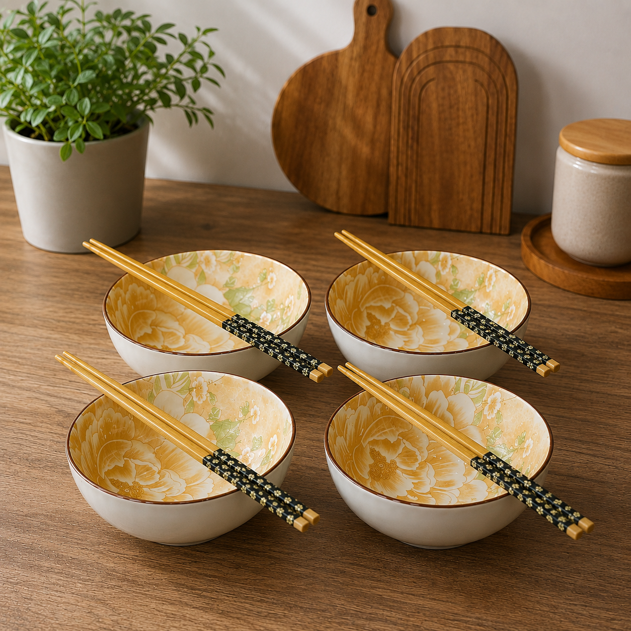 Japanese Floral Elegance Ceramic Bowls - Set of 4