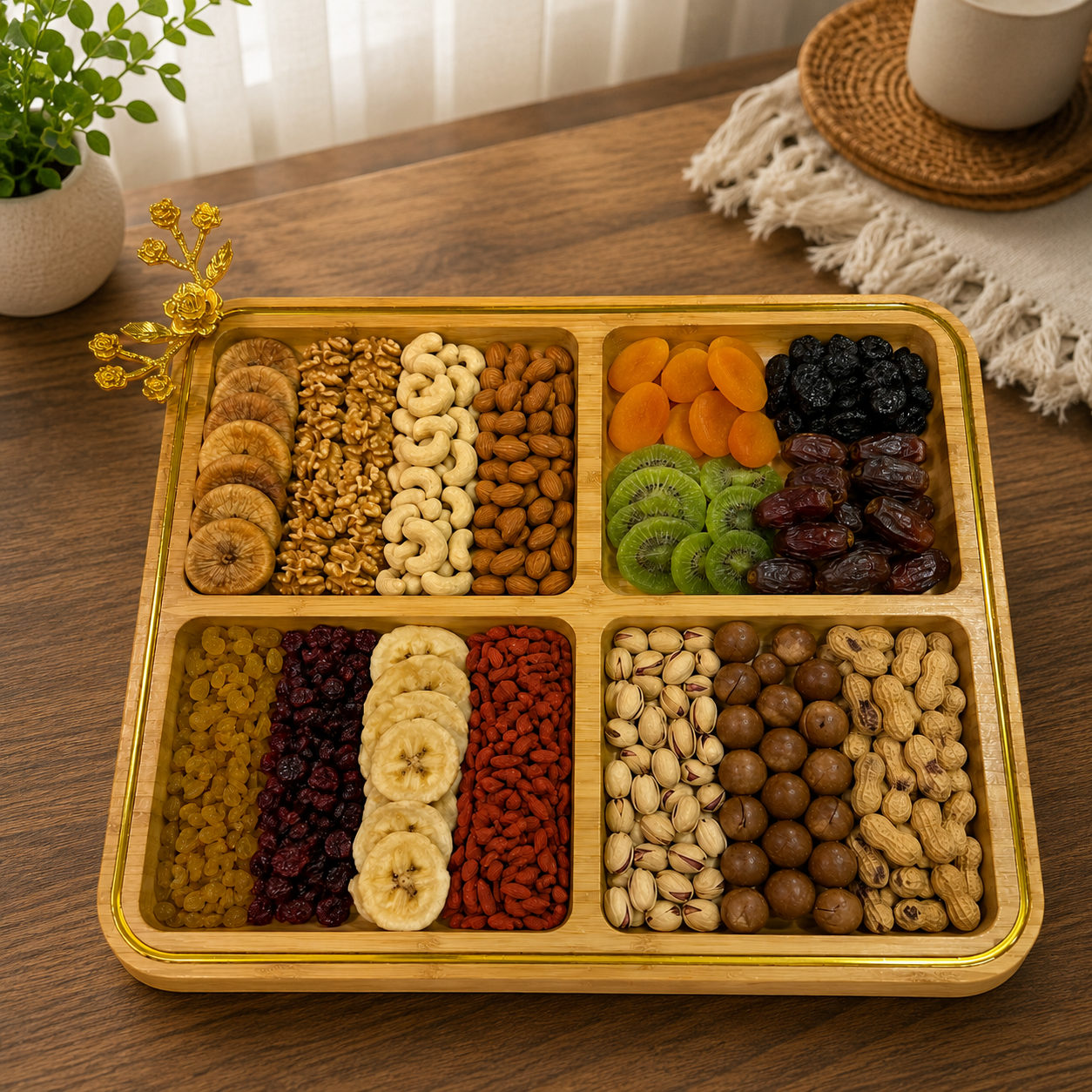 Square Bamboo Divided Tray with Golden Accent
